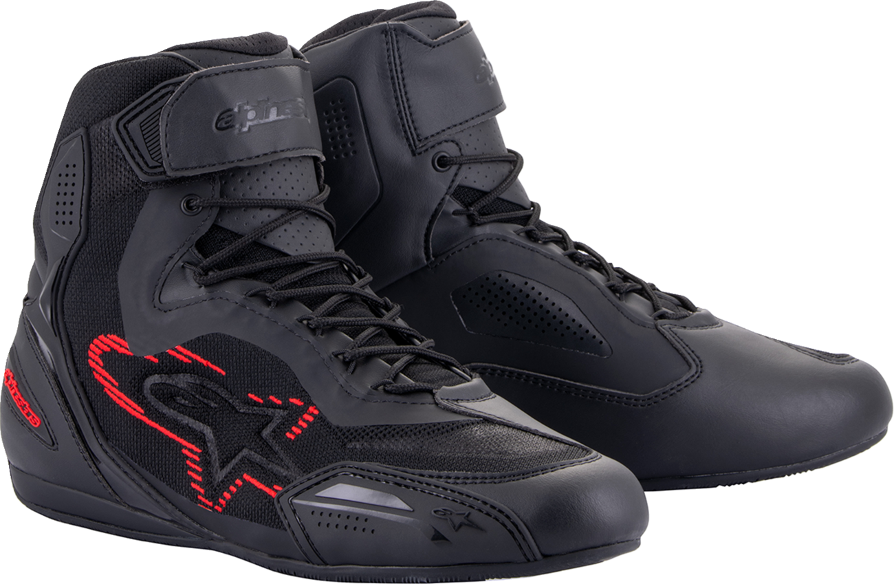 Alpinestars Faster-3 Rideknit® shoes in black, gray, and red, US size 10.5, featuring lightweight athletic design.