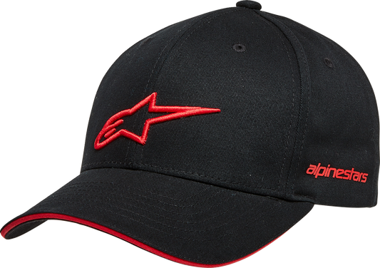 Alpinestars Rostrum Hat in black and red, a protective gear accessory with a stylish design and branding details.