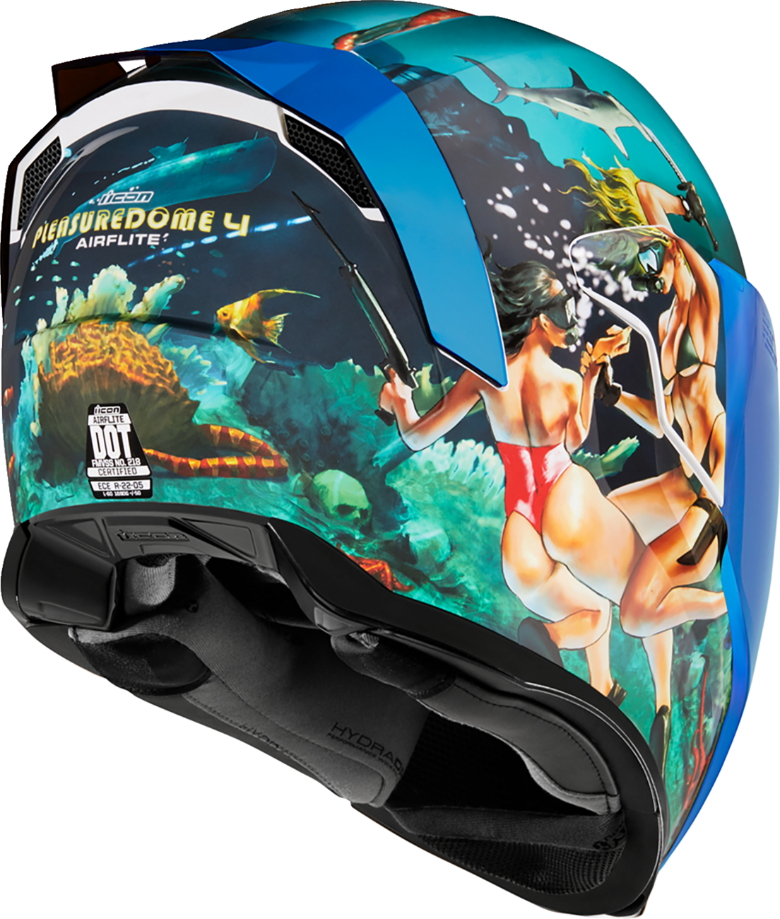 Blue ICON Airflite™ helmet with Pleasuredome4 design, size XS, featuring aerodynamic shape and clear visor, by Bill's Exhausts.