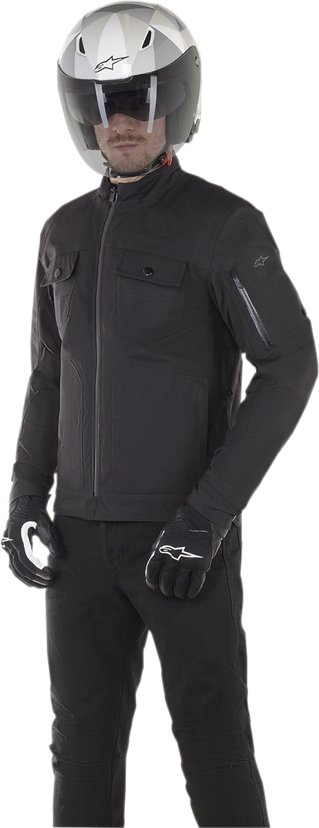 Black Alpinestars Solano waterproof jacket in 2XL size, shown with front view, durable outdoor jacket for rain protection.