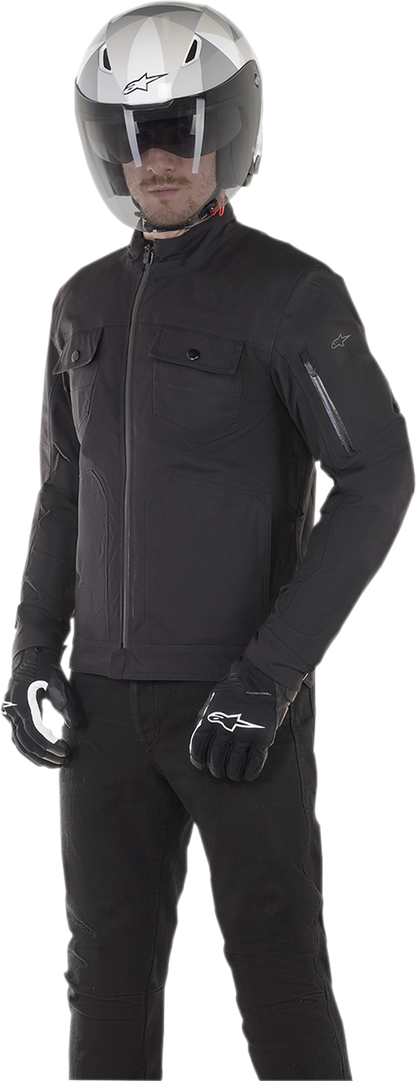 Black Alpinestars Solano waterproof jacket in 2XL size, shown with front view, durable outdoor jacket for rain protection.