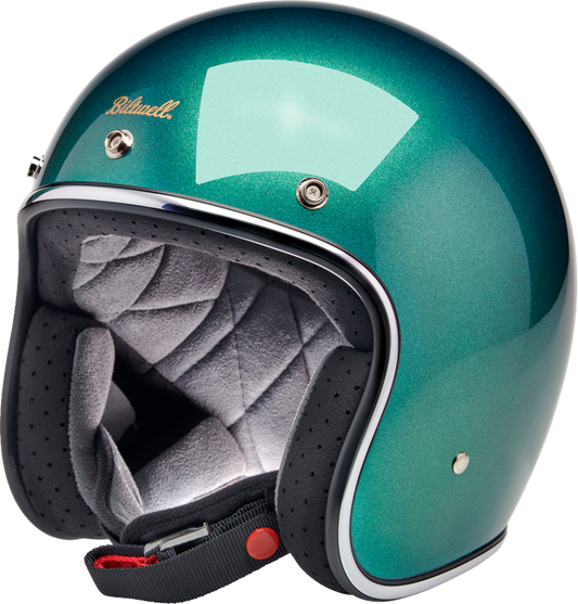 BILTWELL Bonanza helmet in metallic Catalina Green, XS size, featuring a sleek, shiny finish and classic motorcycle helmet design.
