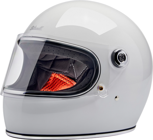 BILTWELL Gringo S helmet in glossy white, XL size, featuring a sleek motorcycle helmet design with vent details and smooth finish.