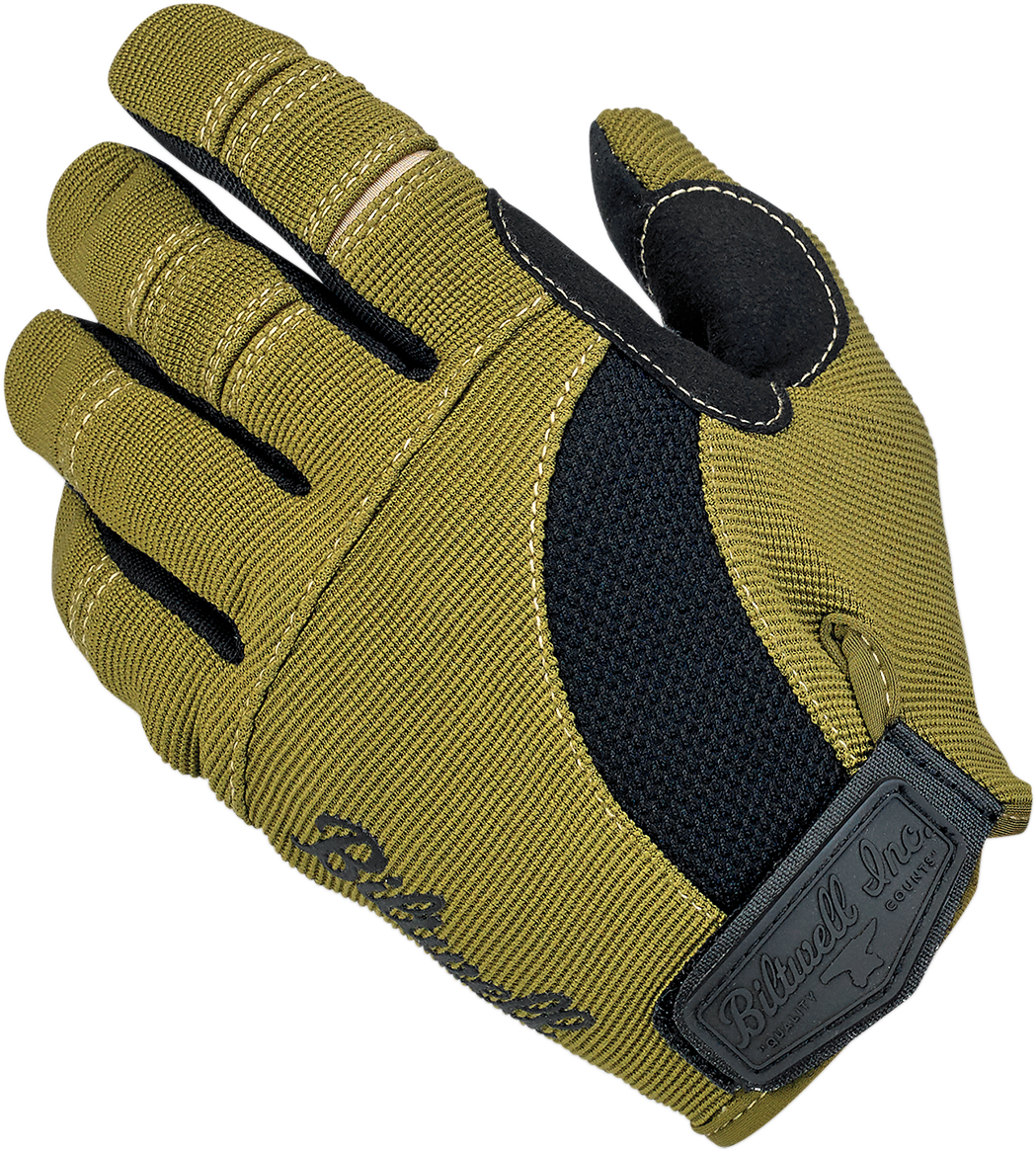 Bill's Exhausts BILTWELL Moto Gloves in olive and black, small size, showing the textured leather and secure wrist strap.
