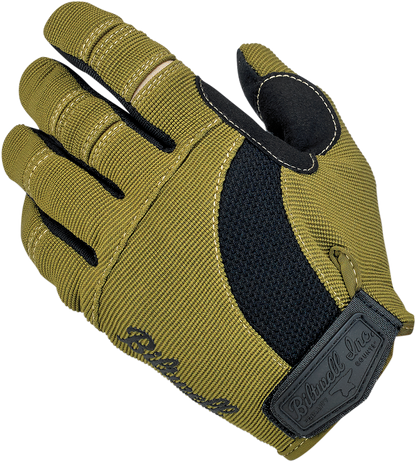 Bill's Exhausts BILTWELL Moto Gloves in olive and black, small size, showing the textured leather and secure wrist strap.