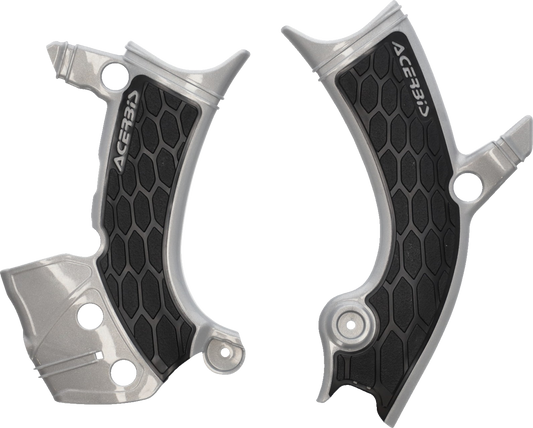 Silver and black ACERBIS X-Grip frame guards for Yamaha YZ 250F/450F motorcycle, mounted on the bike's body frame.