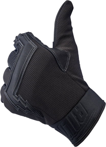 Black BILTWELL Baja Gloves in large size, made by Bill's Exhausts, showing textured leather and secure wrist closure.
