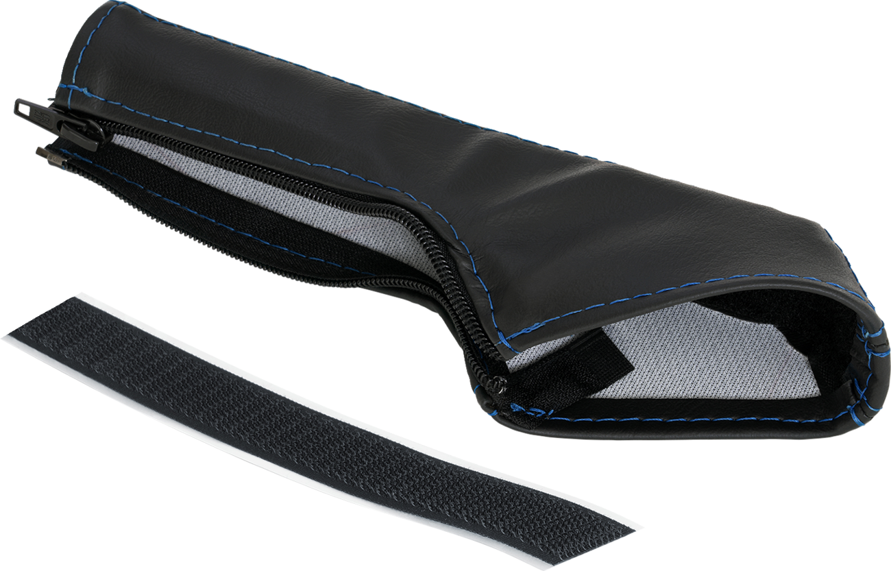 Blue stitch SHOW CHROME engine cover for E-brake on Slingshot, with sleek chrome finish and detailed design by Bill's Exhausts.