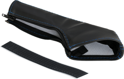 Blue stitch SHOW CHROME engine cover for E-brake on Slingshot, with sleek chrome finish and detailed design by Bill's Exhausts.