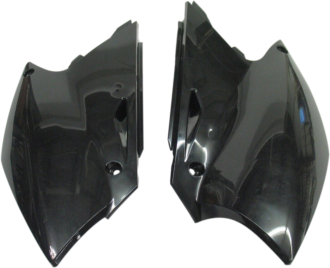 A set of black Acerbis side panels for motorcycle body, designed for durability and a sleek look.