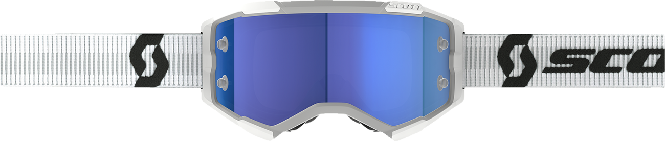 Scott Fury Goggle in white and black, with adjustable strap and clear lens, designed for motorcycle or motorcross riding.