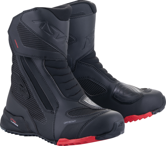 Alpinestars RT-7 Drystar motorcycle boots in black and red, US 9 / EU 42, featuring protective design and sturdy construction.
