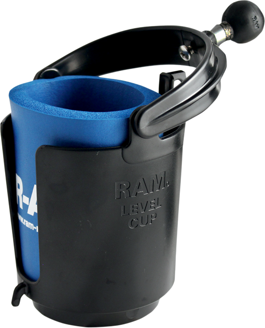 RAM MOUNTS Cup Holder ball mount attached to vehicle engine, designed for secure beverage placement by Bill's Exhausts.