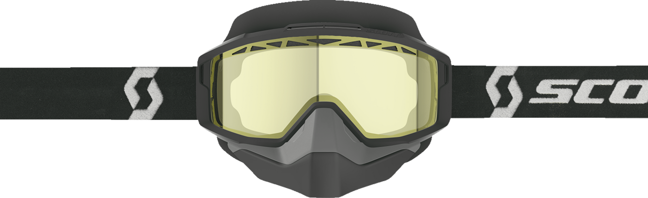 Scott Split OTG Snow Goggle in black, white, and yellow with clear lens, designed for winter sports and outdoor skiing or snowboarding.