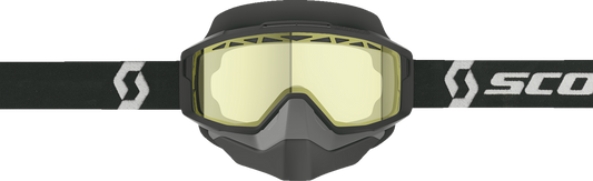 Scott Split OTG Snow Goggle in black, white, and yellow with clear lens, designed for winter sports and outdoor skiing or snowboarding.