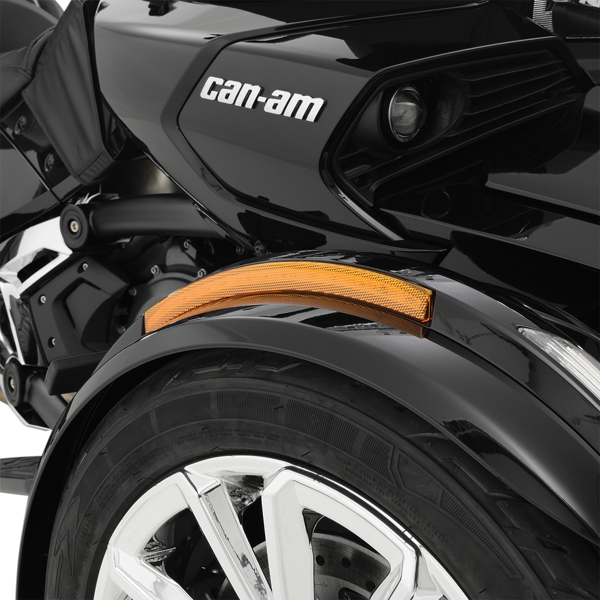 Bill's Exhausts Show Chrome LED front fender light in amber, mounted on motorcycle engine for enhanced visibility and style.