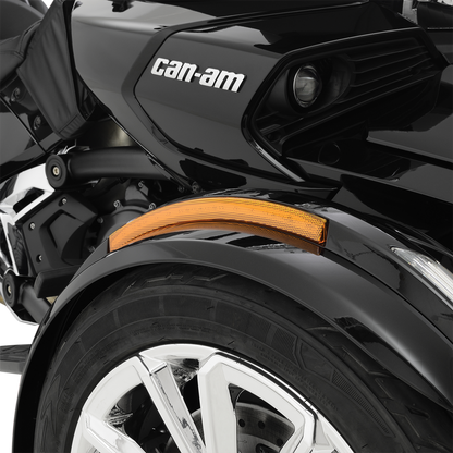 Bill's Exhausts Show Chrome LED front fender light in amber, mounted on motorcycle engine for enhanced visibility and style.