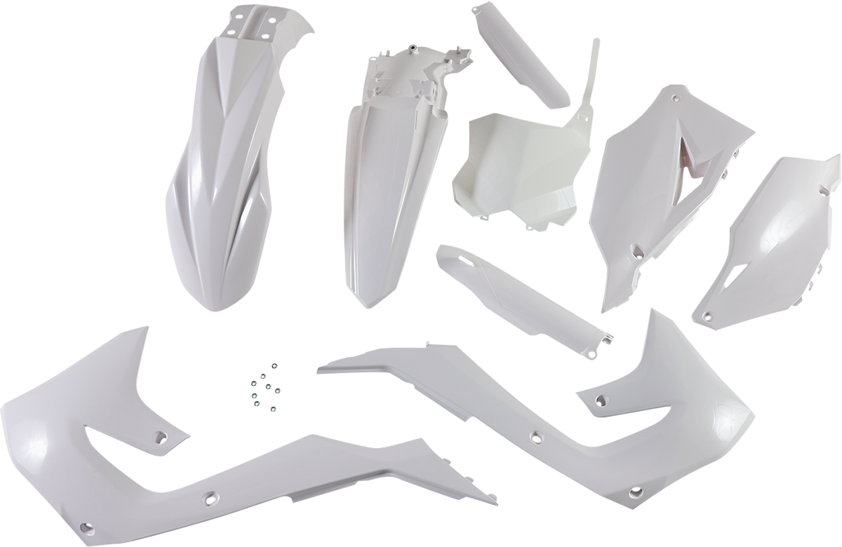 ACERBIS full replacement body kit in white for motorcycles, designed for Bill's Exhausts, with sleek, aerodynamic panels.