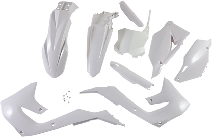 ACERBIS full replacement body kit in white for motorcycles, designed for Bill's Exhausts, with sleek, aerodynamic panels.