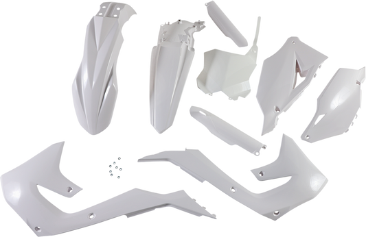 ACERBIS full replacement body kit in white for motorcycles, designed for Bill's Exhausts, with sleek, aerodynamic panels.