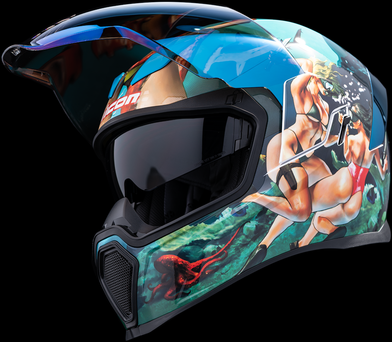 Blue ICON Airflite™ helmet with Pleasuredome4 design, small size, featuring aerodynamic shape and detailed graphics.