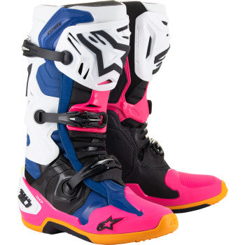 Alpinestars Daytona Coast Limited Edition Tech 10 motorcycle boots in white, blue, and pink with black accents, US size 9.