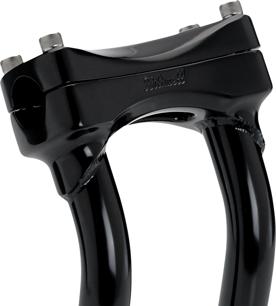 Black Biltwell Murdock oversized pullback handlebars with 10-inch rise, designed for motorcycle handlebars, by Bill's Exhausts.