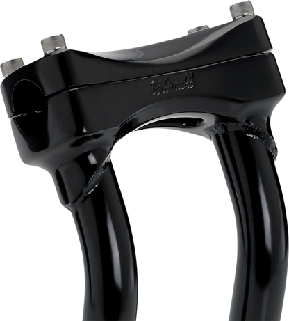 Black Biltwell Murdock oversized pullback handlebars with 10-inch rise, designed for motorcycle handlebars, by Bill's Exhausts.