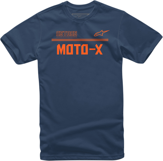 Alpinestars Moto X T-Shirt in navy and orange, large size, casual motorcycle-inspired t-shirt with logo, front view.