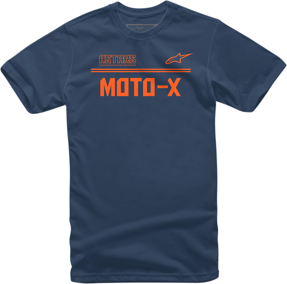 Navy and orange Alpinstars Moto X T-Shirt in medium size, featuring motorcycle-inspired design and branding details.