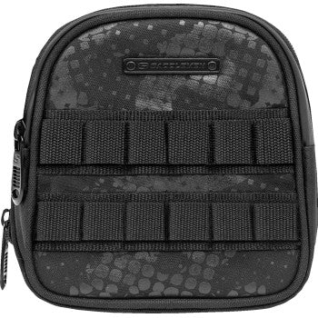 Black Saddlemen Fundamentals Sissy Bar Bag mounted on motorcycle seat, showcasing durable storage solution for bike touring.