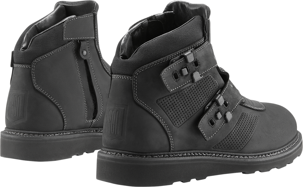 Black ICON El Bajo2 Boots by Bill's Exhausts in US 13 size, featuring sleek design and sturdy construction.