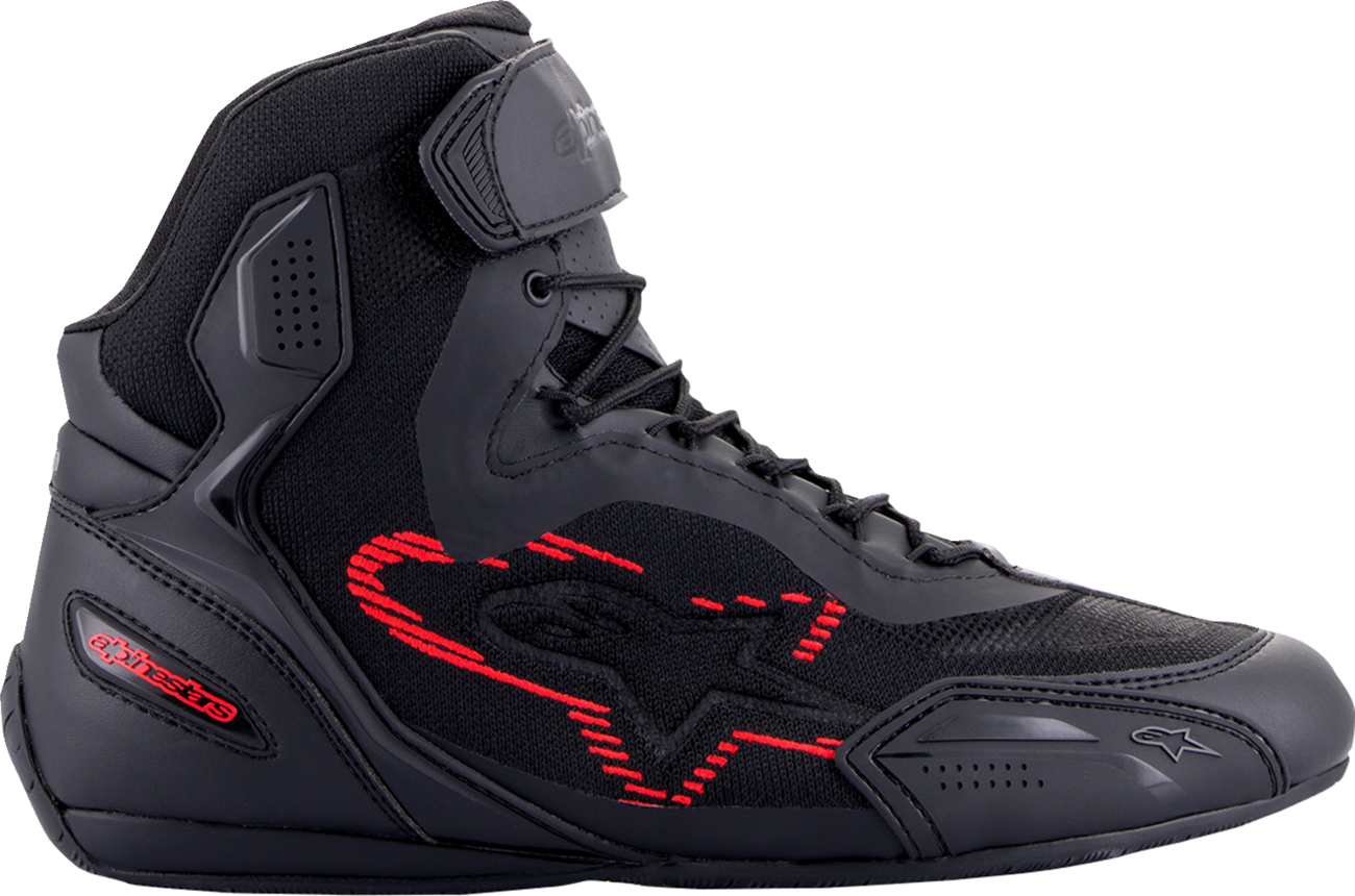 Alpinestars Faster-3 Rideknit® motorcycle shoes in black, gray, and red with US size 10, featuring breathable knit material and protective design.