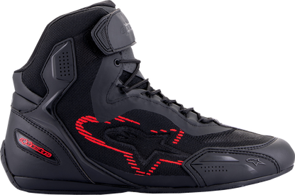 Alpinestars Faster-3 Rideknit® motorcycle shoes in black, gray, and red with US size 10, featuring breathable knit material and protective design.