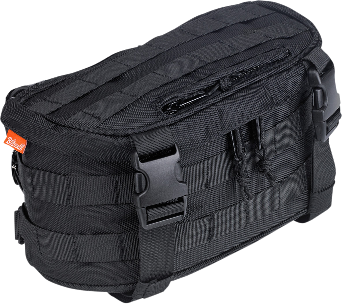 Bill's Exhausts BILTWell Exfil-7 motorcycle bag showing durable black fabric and adjustable straps on a motorcycle.