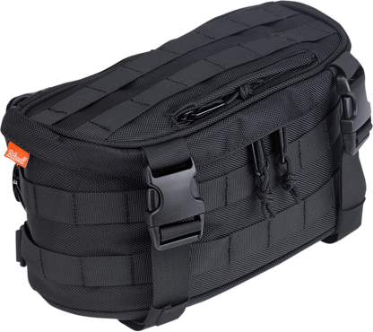 Bill's Exhausts BILTWell Exfil-7 motorcycle bag showing durable black fabric and adjustable straps on a motorcycle.