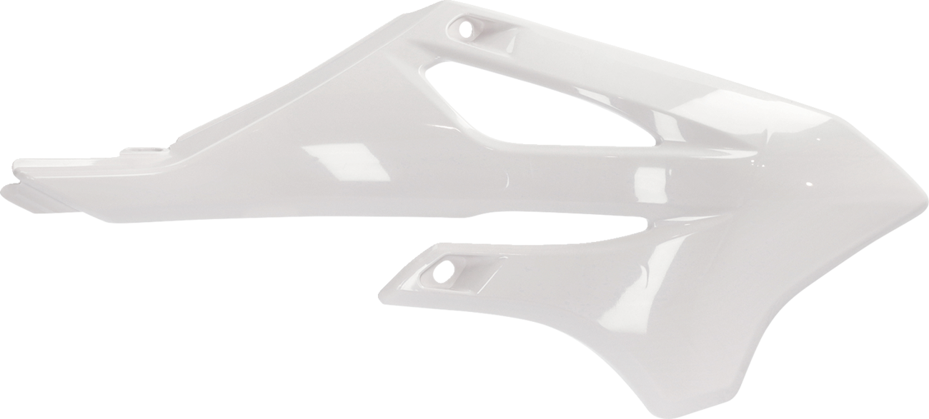 Acerbis radiator shrouds in white for motorcycle body styling, designed by Bill's Exhausts, shown on a motorcycle frame.
