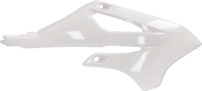 Acerbis radiator shrouds in white for motorcycle body styling, designed by Bill's Exhausts, shown on a motorcycle frame.