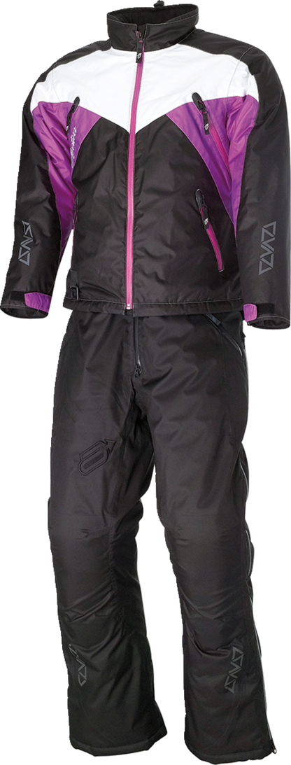 Black, purple, and white ARCTIVA Women's Pivot 6 jacket by Bill's Exhausts, displayed on a hanger, with visible zipper and fabric details.