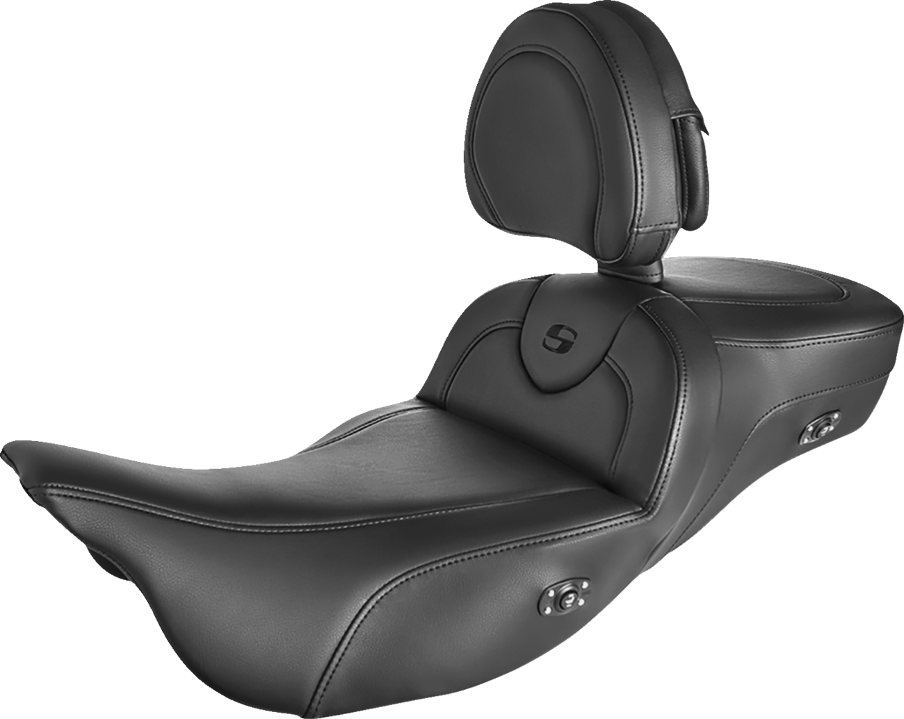 Black SADDLEMEN Roadsofa Extended Reach Heated Seat with backrest, designed for comfortable motorcycle riding.