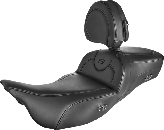 Black SADDLEMEN Roadsofa Extended Reach Heated Seat with backrest, designed for comfortable motorcycle riding.