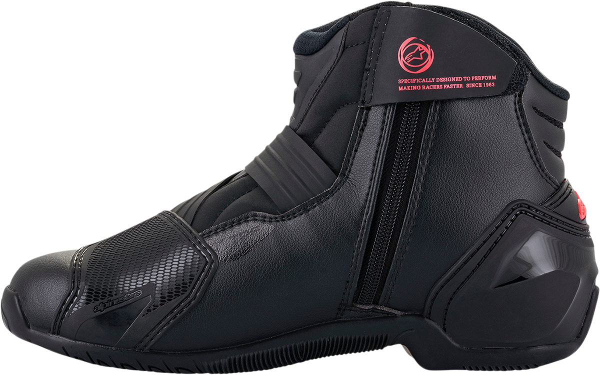 Alpinestars Stella SMX-1R V2 motorcycle boots in black and pink, US 11.5, EU 44, with protective design and branding visible.