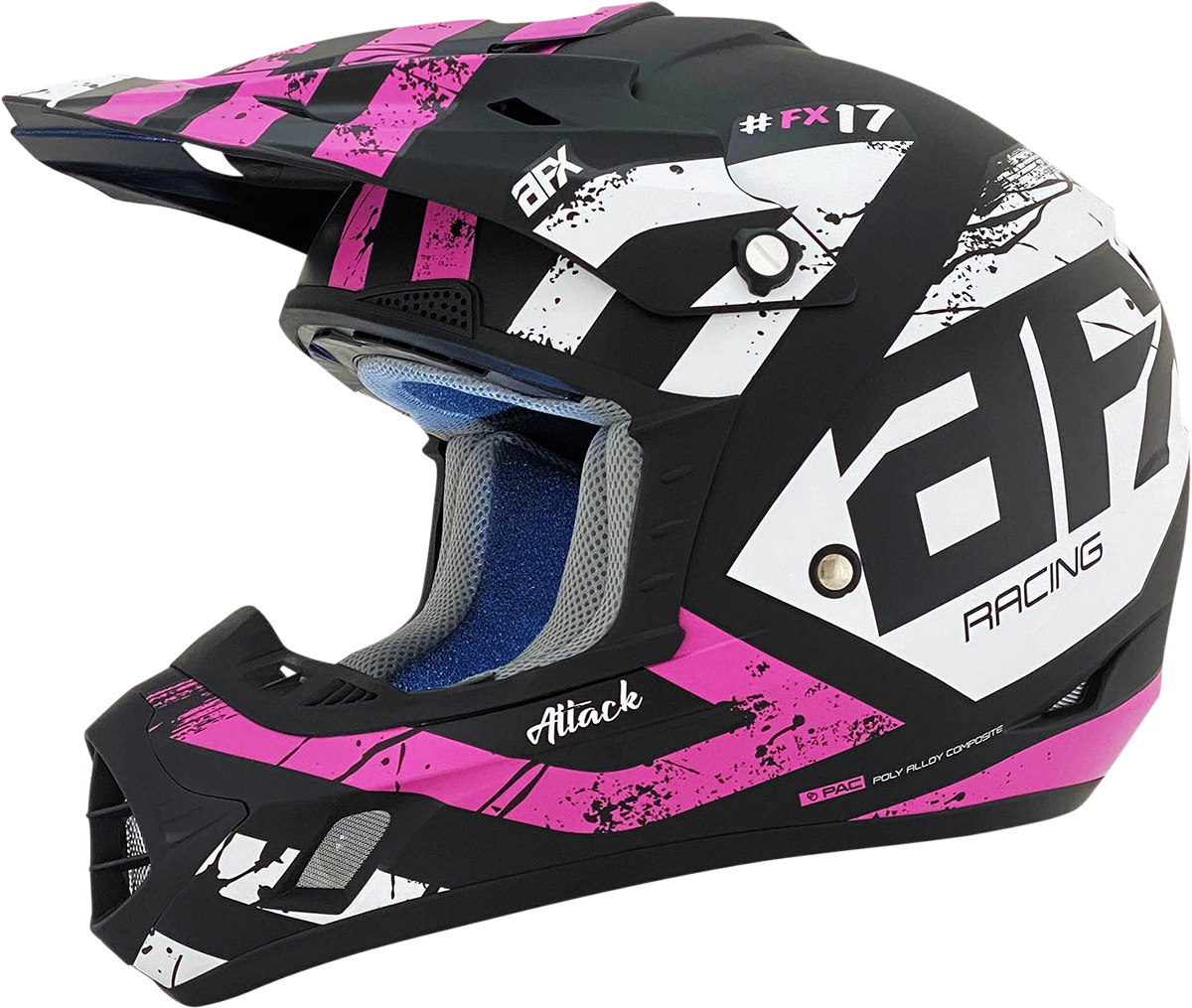 Bill's Exhausts AFX FX-17Y Attack helmet in matte black and fuchsia, large size, with aerodynamic design and ventilation features.