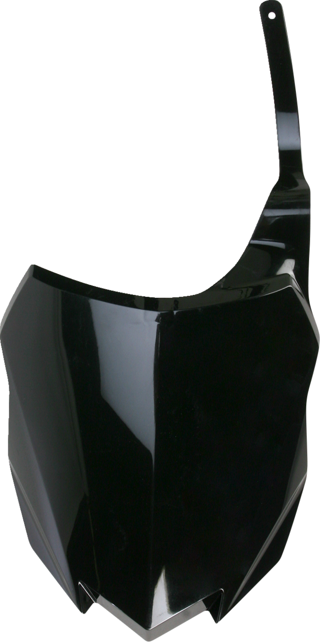 Black Acerbis front number plate mounted on a motorcycle, showcasing its sleek body design and durable construction.