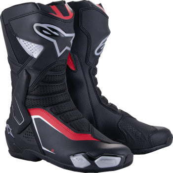 Alpinestars SMX-6 V3 motorcycle boots in black, silver, and red with protective features, US 12 / EU 47 size.