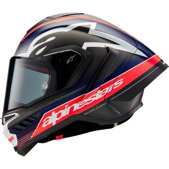 Alpinestars Supertech R10 motorcycle helmet in matte black, carbon red fluo, and blue with aerodynamic vents and sleek design.