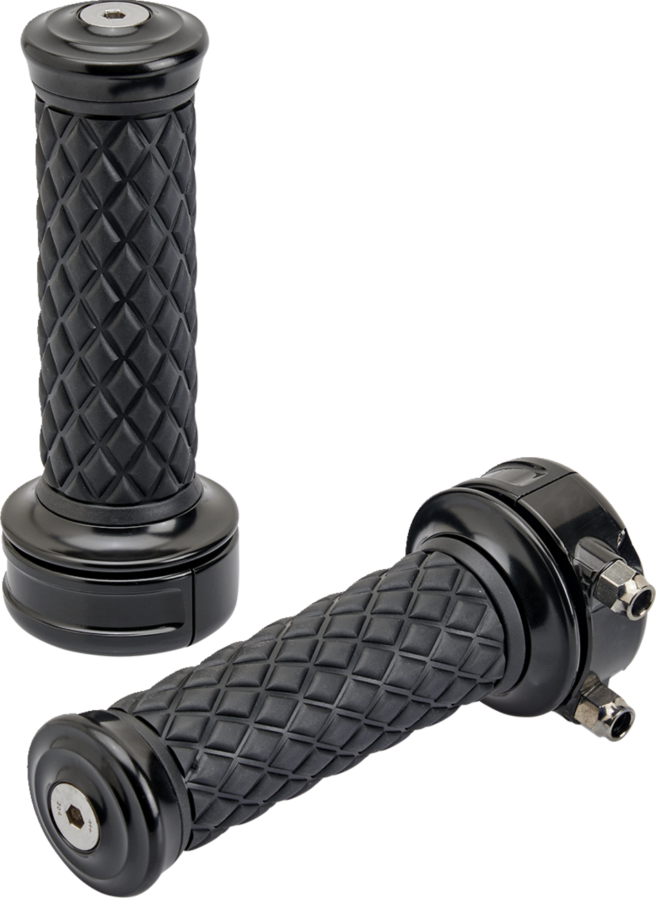 Black Biltwell Alumicore motorcycle grips from Bill's Exhausts, featuring a custom design and ergonomic shape for enhanced comfort.
