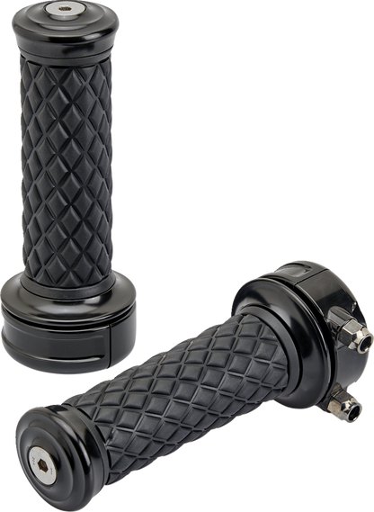 Black Biltwell Alumicore motorcycle grips from Bill's Exhausts, featuring a custom design and ergonomic shape for enhanced comfort.