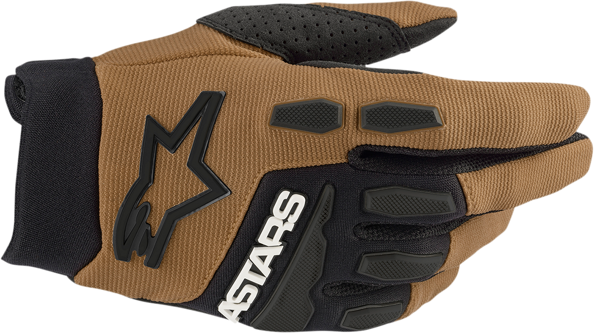Alpinestars Full Bore motorcycle gloves in camel and black, size 2XL, with reinforced palms and adjustable wrist straps.