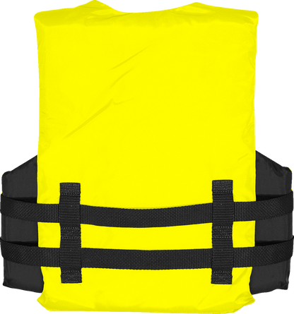 Yellow AIRHEAD SPORTS GROUP youth family water vest with adjustable straps and foam padding, designed for safe water activities.